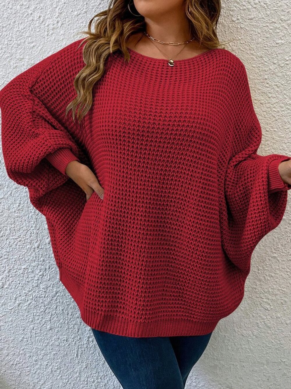Red Casual Women's Plus Size Round Neck Batwing Long Sleeve knit Sweater